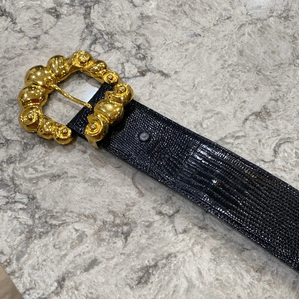 Kleinberg Sherrill Genuine Exotic Leather Belt w/ Gold Bubbly Buckle Detail 1988
